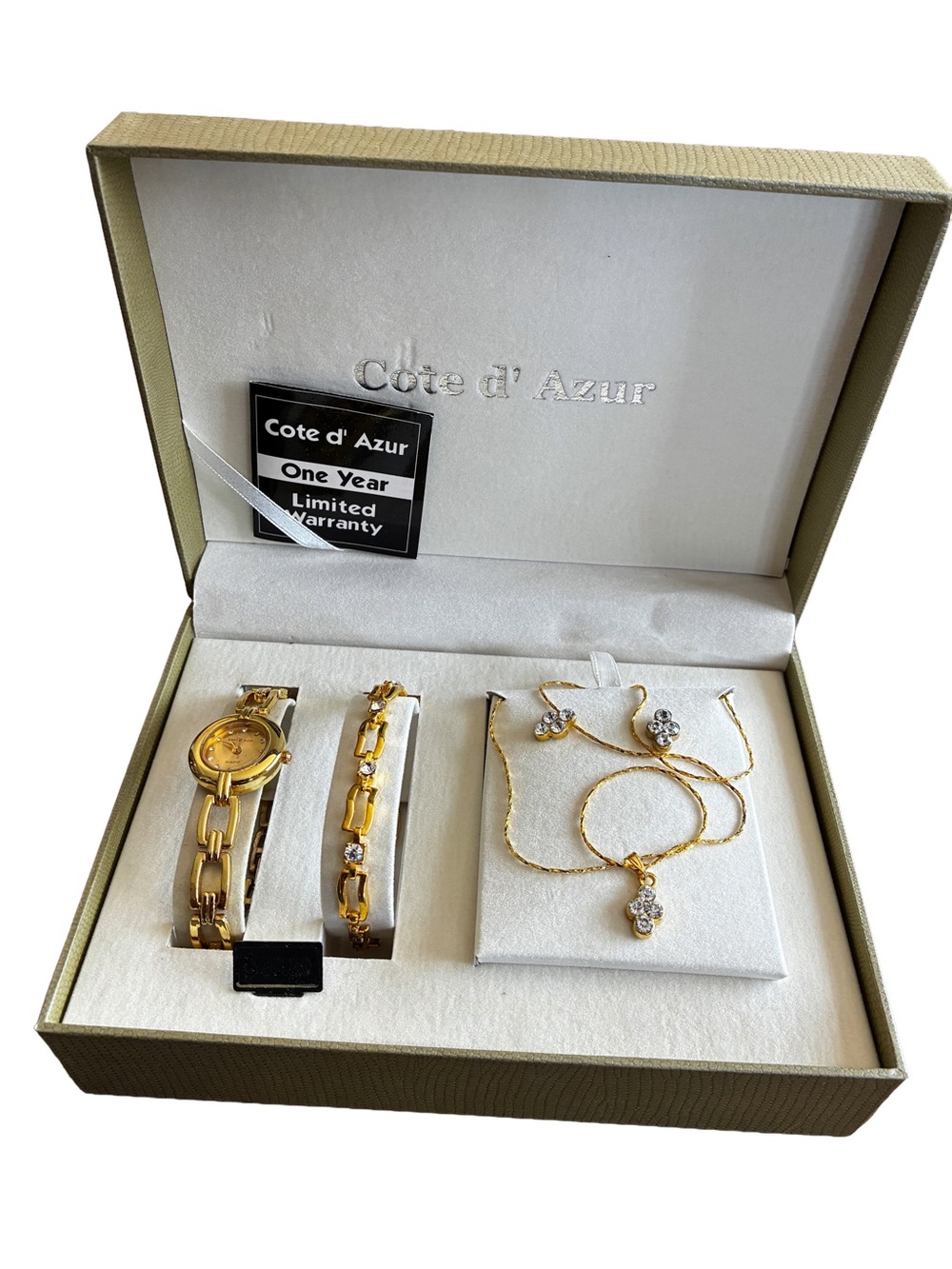 Côte d’Azur Gold Watch Necklace Earrings Gift Set NWT $99.99